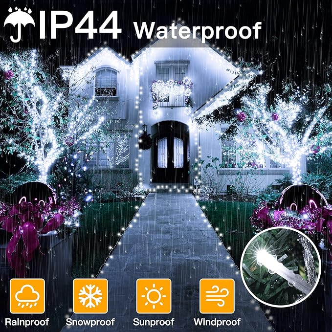 Ollny Christmas Lights Outdoor 400LED 131FT, Cool White Fairy Lights with Remote 3 Timer, Plug in 8 Modes String Lights for Bedroom Indoor Outside House Party Xmas Decorations