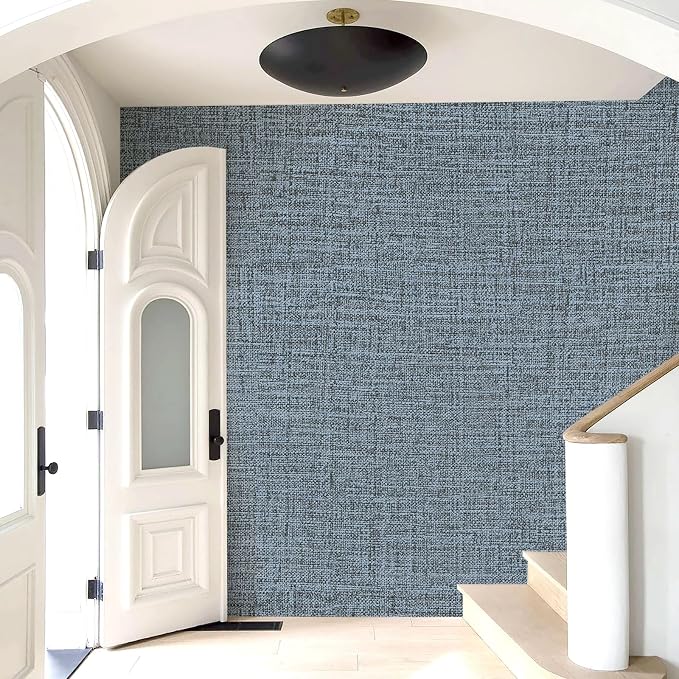 Amiya Grasscloth Wallpaper Blue Peel and Stick Faux Fabric Linen Contact Paper - Image 9