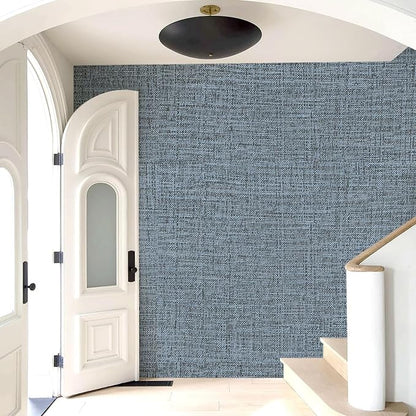 Amiya Grasscloth Wallpaper Blue Peel and Stick Faux Fabric Linen Contact Paper - Image 9
