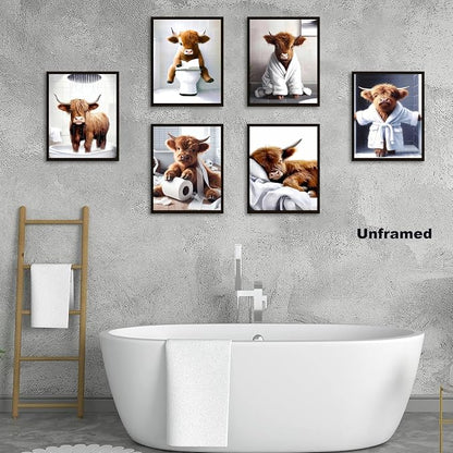SEHSUVC Funny Bathroom Cow Posters Wall Art Set of 9, Vintage Brown Highland - Image 5
