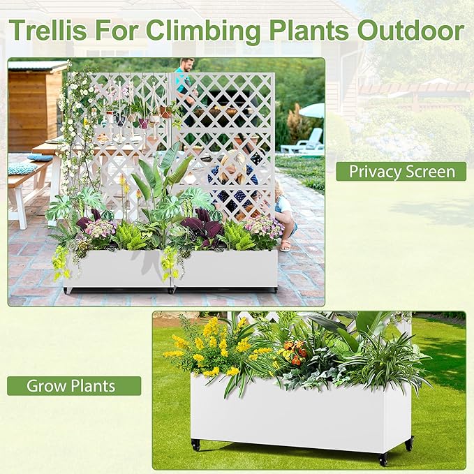 Metal Planter Trellis Box with Wheels & Drain Plug Outdoor Raised Garden Bed Patio Privacy Screen with Planter for Climbing Plants, Vegetables 73"x35"x16" White-Diamond