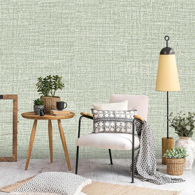 Green Grasscloth Wallpaper 17.3"x160" Faux Linen Textured Contact Paper - Image 6
