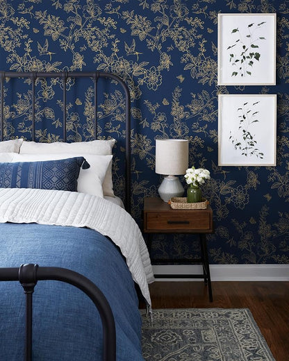 Froluya Dark Blue and Gold Vintage Floral Peel and Stick Wallpaper 17.7"x118.1" - Image 2