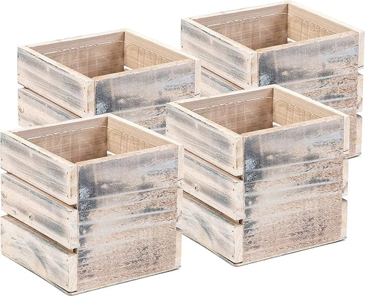 Wood Planter Box with Wine Crate Styled, 5 Inch Square, Whitewash, Plastic Liner, Garden Centerpiece Display, Wedding Flowers Holder, Home and Venue Decor (5x5 Wine Crate Set of 4, Whitewash)