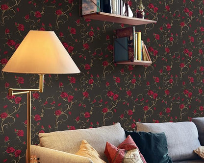 FLFK Vintage Wallpaper Peel and Stick Red Rose Wallpaper 16in x 384in Floral - Image 4