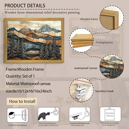 Vintage Boho Mountain Wall Art, Framed Landscape Canvas Wall Art, Nature Forest - Image 3