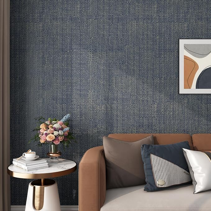FunStick Gold Navy Blue Grasscloth Wallpaper Peel and Stick Wallpaper Textured - Image 8
