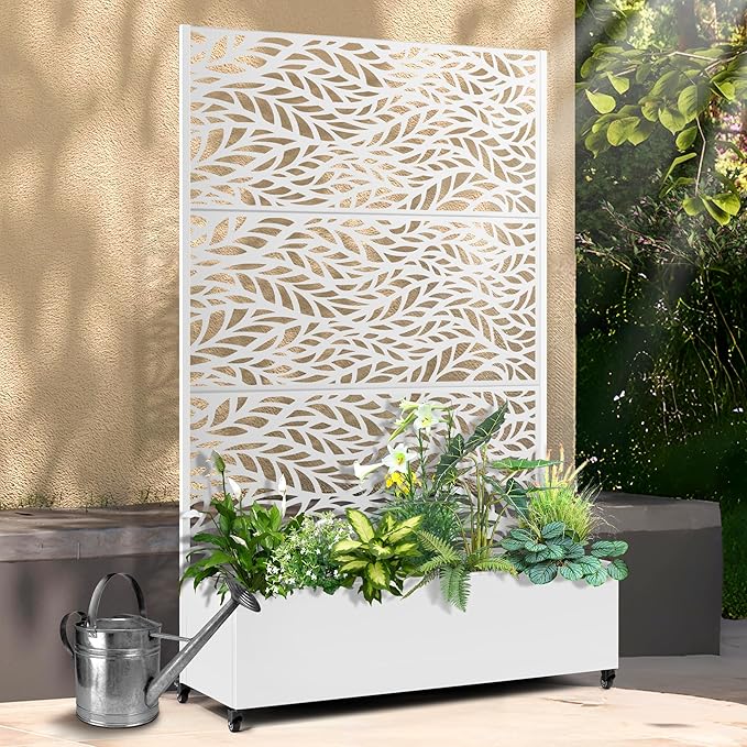 Raised Garden Bed with Trellis and Wheels,73"x47"x16" Metal Raised Garden Bed,White Flowing Leaf Metal Planter with Climbing Trellis for Vines & Vegetables