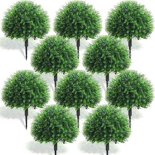 Yunlly 10 Pcs 18 Inch Artificial Boxwood Ball Topiary Tree Fake Outdoor Plants Bush, UV Resistance Faux Shrubs with Spike Realistic Greenery Potted for Indoor Garden Yard Porch Patio Decor (Green)