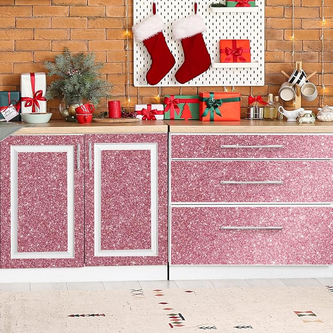 CHIHUT 15.7''x236'' Pink Glitter Peel and Stick Wallpaper Self Adhesive Sparkle - Image 4