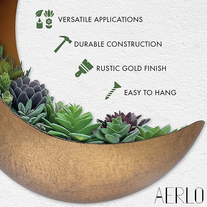 Wall Mounted Metal Moon Planter - Hanging Crescent Pot for Succulents, Air Plants, Cacti - Boho Indoor Outdoor Moon Wall Decor for Bedroom, Bathroom, Living Room, Nursery - Rustic Gold