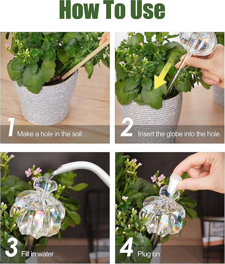 NiHome Cactus-Shaped Glass Plant Self-Watering Globes 6-Pack, Glass Waterer Stakes for Potted Plants, Automatic Mini Irrigation System, Adorable Gardening Tool (Iridescent, 3 Large + 3 Medium)