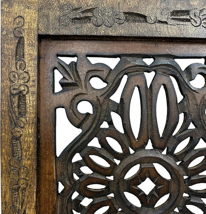 Floral Hand Carved Wooden Wall Panels Set of 2, Rustic Brown Decorative Wall Art - Image 9