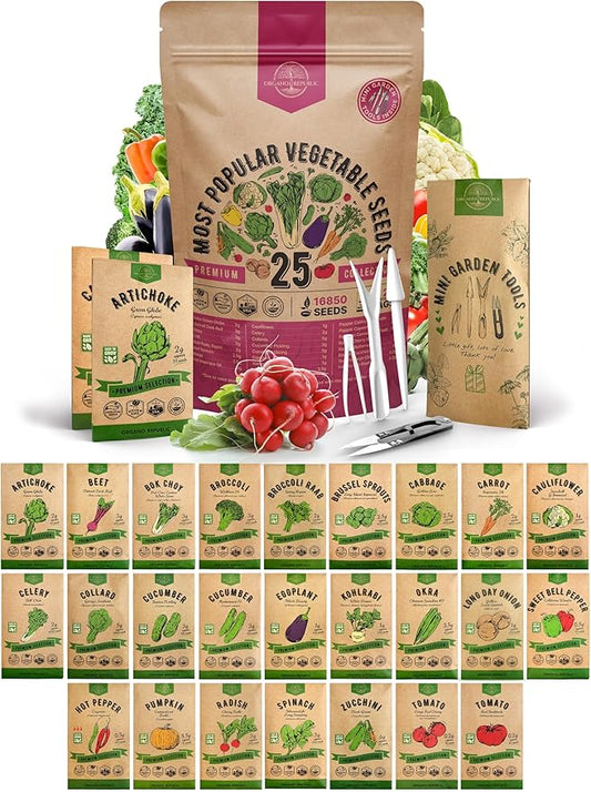 Organo Republic 25 Vegetable Seeds Variety Pack - 16,850+ Non-GMO Heirloom Seeds for Planting Vegetables & Fruits in Individual Seed Packets, Home Garden Seeds for Hydroponic, Indoor & Outdoor Garden