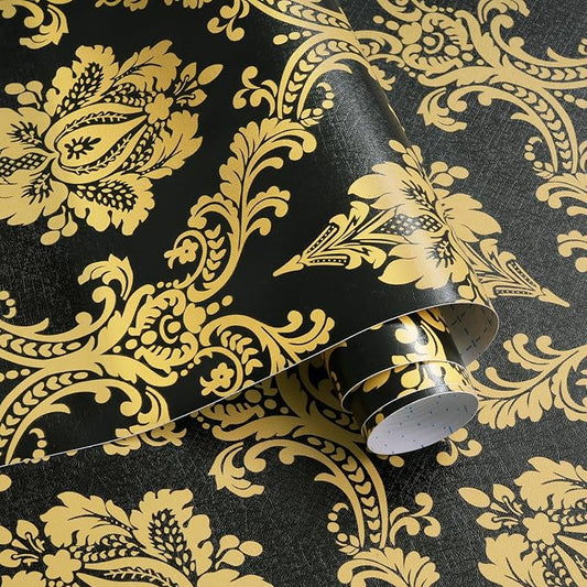 Peel and Stick Wallpaper Black and Yellow Damask Wallpaper by Micpolo