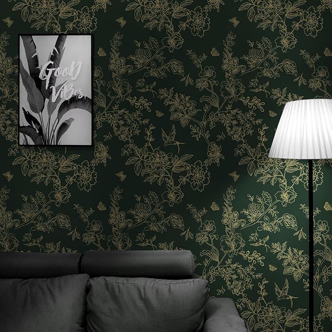 Froluya Dark Green and Gold Wallpaper Floral Peel and Stick Wallpaper - Image 5