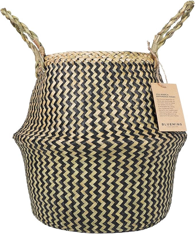 Plant Baskets – Large Seagrass Pot for Tall Indoor Faux Olive Tree, Woven Wicker Rattan Planter for Boho Basket 9-10 Inch (Black, Large)