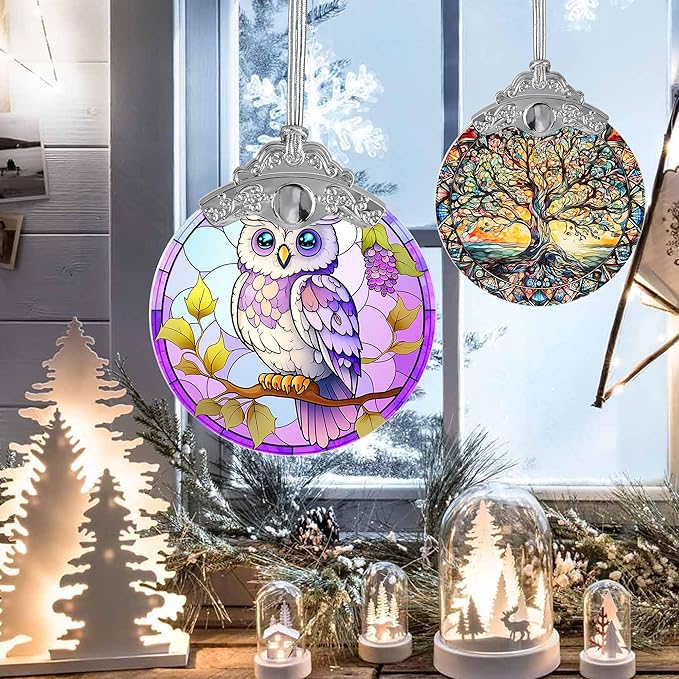 Stained Glass Suncatcher, Jocidea Owl Ornament, Christmas Ornaments, Holidays Ornaments, Christmas Tree Decor, Owl Decor for Home, Owl Gifts