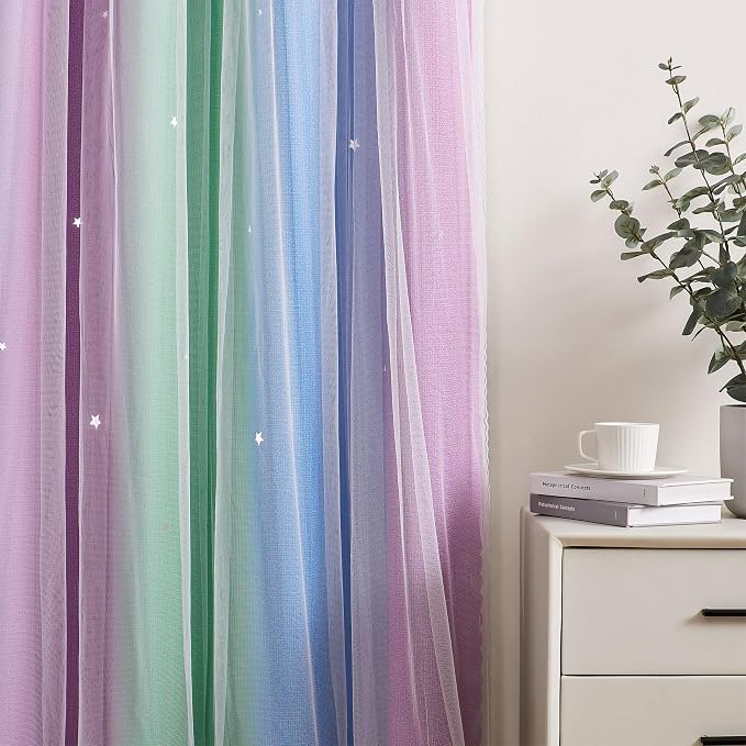 XiDi Curtains for Bedroom Decor, Rainbow Green PurpleBlue52/54/1 - Image 2