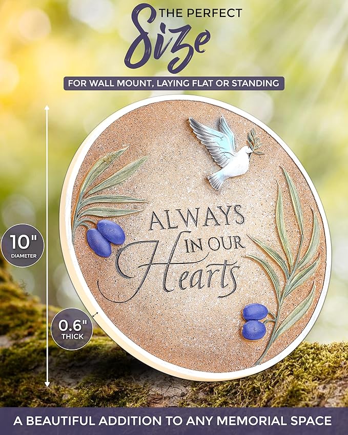 10-Inch Garden Memorial Stone with Included Plaque Stand & Sympathy Card, Memorial Plaques for Outdoors with Peace Dove Amongst Olive Branches, Memorial Stepping Stone for Loss of Loved One