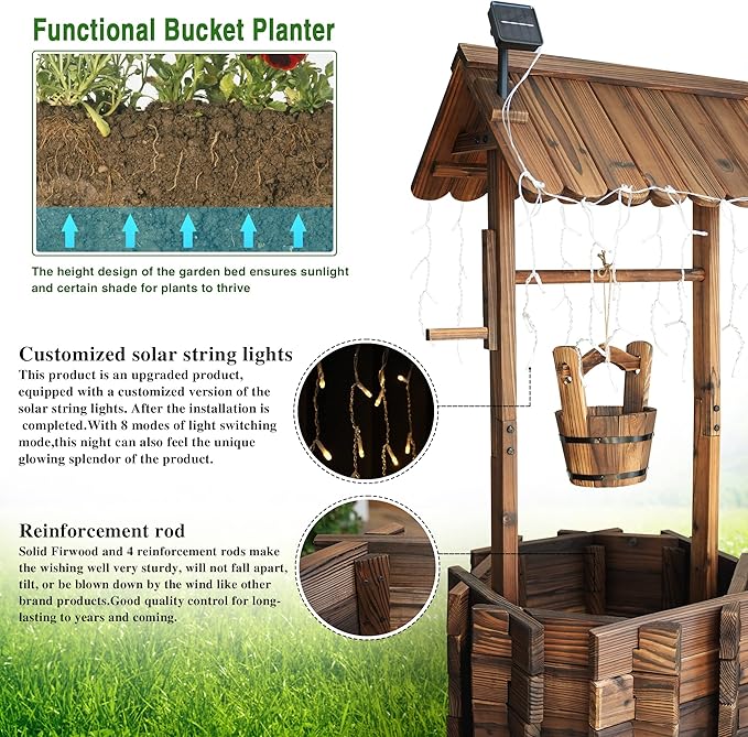 Wooden Wishing Wells for Outdoors with Solar Light Strip, Wishing Well Planters Also Add Splendor to Your Yard at Nightt, Brown