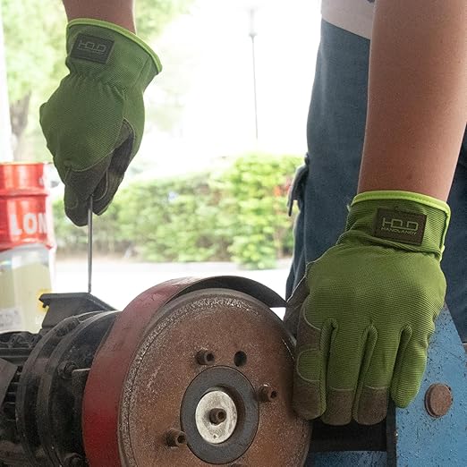 HLDD HANDLANDY Leather Work Gloves for Men & Women, Cowhide Gardening Gloves Utility Work Gloves, Mechanic Construction Driver Gloves (M, Green)