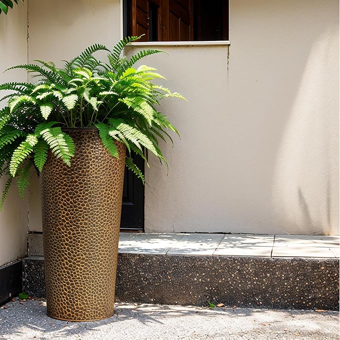 KOL 25" H. Metal Hand-Hammered Planters with Inner Pots 2-Pack, Bronze Decor Planter for Deck, Patio, Porch - Galvanized Steel Handcrafted Flower Pot - w/Water Level Indicator - Indoor Outdoor Use