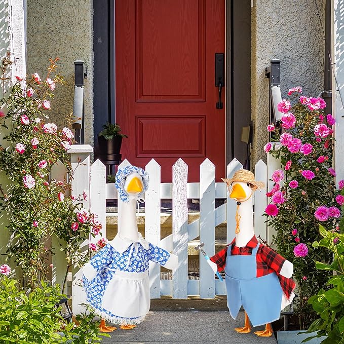 2 Set Spring Goose Outfit Blue Lawn Porch Goose Cloths Farmer Plastic Goose Costume for 23" Cement Goose Spring Outdoor Patio Yard Lawn Decoration