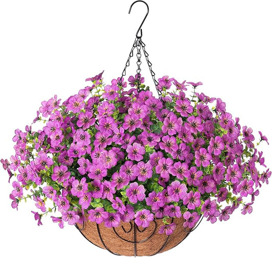 Artificial Fake Hanging Plants Flowers Basket for Outdoor Outside Porch Spring Decoration, Faux Silk Purple Daisy Realistic UV Resistant in Planter for Home Patio Balcony Garden Yard
