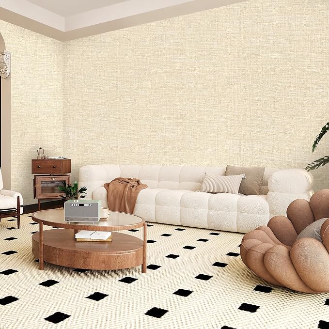 Amiya Grasscloth Cream Wallpaper 17.3"x120" Peel and Stick Beige Faux Fabric - Image 8