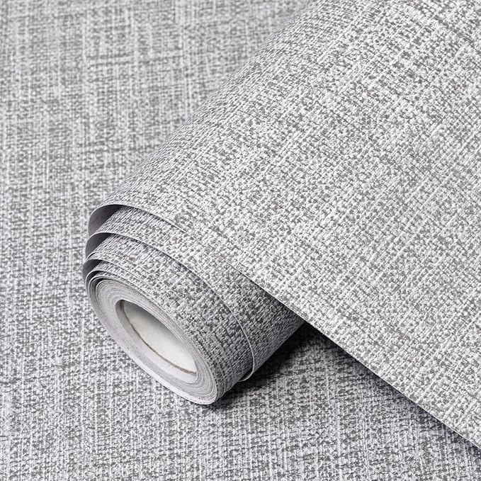 Grey Grasscloth Peel and Stick Wallpaper 17.3"x480" Faux Linen Textured Contact by Uooar