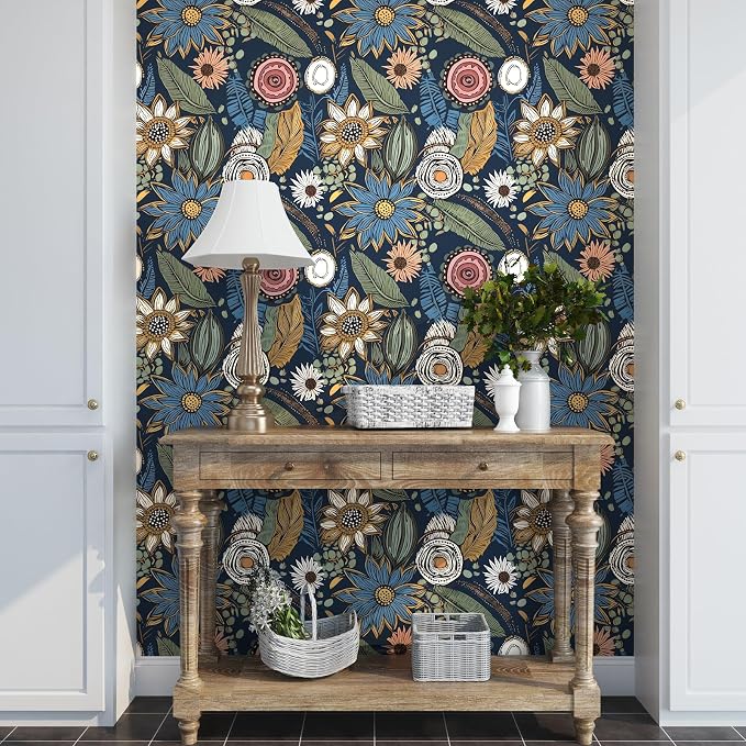 Boho Wallpaper Peel and Stick, Dark Vintage Floral Contact Paper, 17.5" x 197" - Image 5