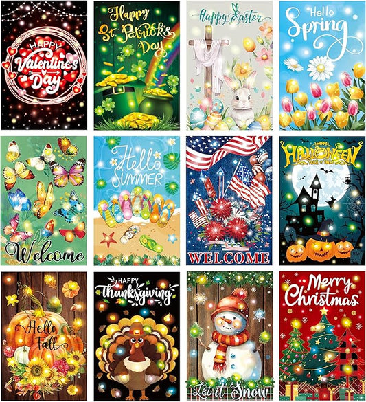 12 Pcs Solar Seasonal LED Garden Flags 12 x 18 Inch Double Sided Yard Flags Halloween Christmas Fall Thanksgiving Day Decorations Welcome Garden Holiday Yard Outside Lawn Decoration