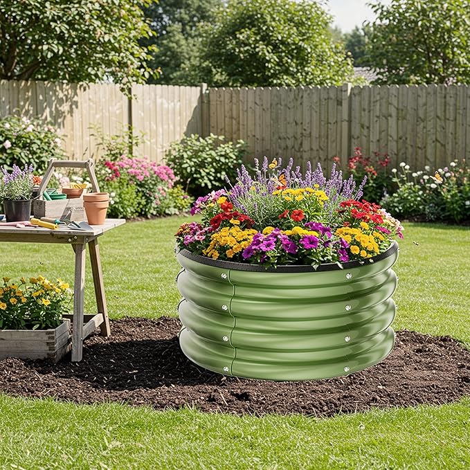 ZXZYHFTY Round Galvanized Raised Garden Bed kit,Green Outdoor Garden Raised Planter Box, Round Large Metal Raised Garden Beds for Vegetable 2 * 2 * 1ft 1 Pack