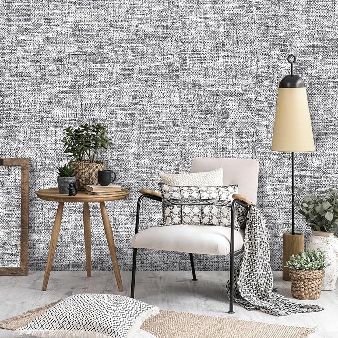 Grey Grasscloth Peel and Stick Wallpaper 17.3"x160" Faux Linen Textured Contact - Image 6