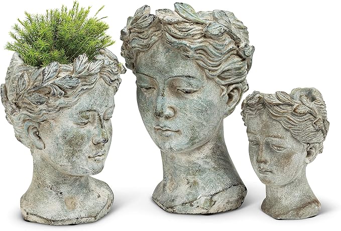 Abbott Collection Goddess Head Planter - Extra Small Cement Indoor and Outdoor Planter Pot - Grecian Woman Statue Head Planter for Flowers and Succulents (Grey, 2.75" Opening)