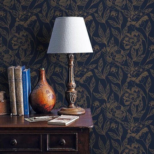 Timeet Peel and Stick Wallpaper Gold and Blue Floral Wall Paper - Image 2