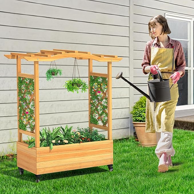 YITAHOME Raised Garden Bed with Trellis and Lockable Wheels, Wood Free-Standing Trellis Planter Box with Hanging Roof for Climbing Plants Flowers in Garden, Patio, Backyard, Balcony, Natural