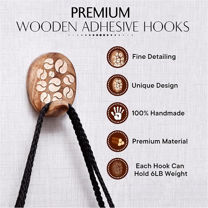 Indian Shelf 6 Lb- 3 Pieces Decorative Wood Adhesive Wall Hooks–Boho Peel and - Image 4