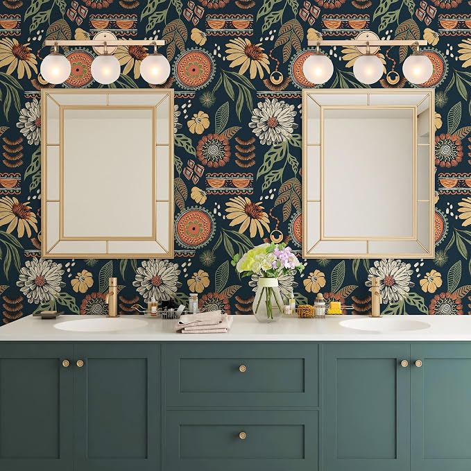Simon&Siff Boho Peel and Stick Wallpaper, 17.3" x 80" Blue Sun Floral Retro - Image 5