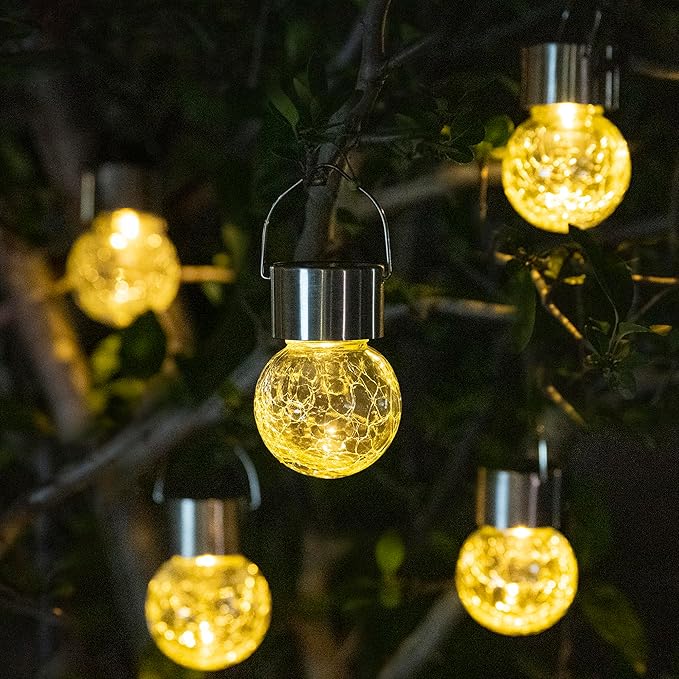 GIGALUMI Solar Lights Outdoor Waterproof ,12 Pack Solar Hanging Lights Garden Decor,Gifts for Women Mom Grandma,Solar Outdoor Lights Lantern Cracked Glass for Yard, Fence, Tree(Warm White)