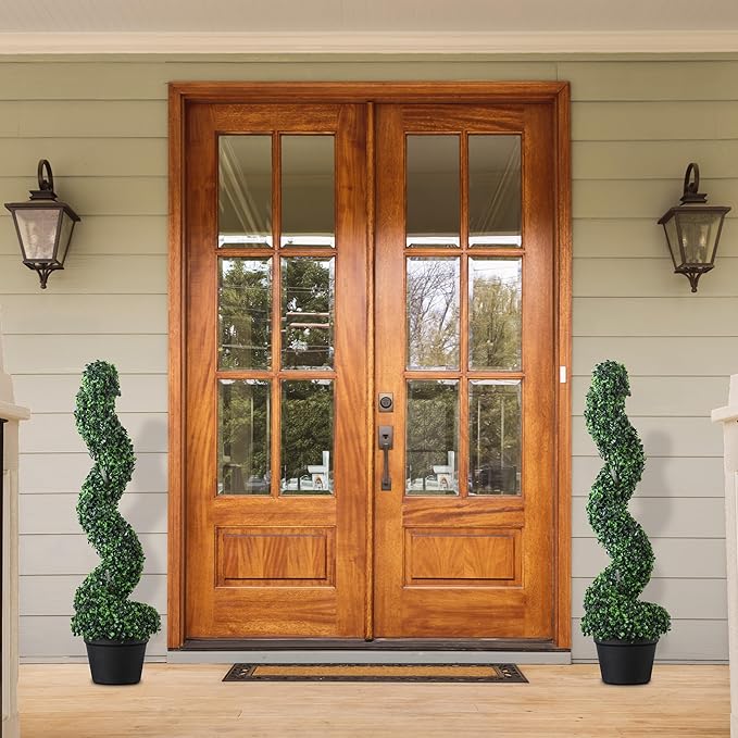 39 inchBoxwood Artificial Cedar Spiral Topiary Trees – Decorative Fake Greenery in Planter Pots for Front Porch, Outdoor Walkway, Entryway Decorating, Set of 2