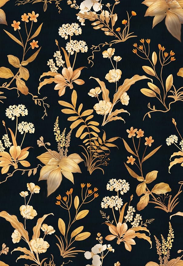 Simon&Siff Vintage Wallpaper Peel and Stick Black Gold Floral Wallpaper by SimonSiff