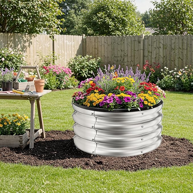 ZXZYHFTY Round Galvanized Raised Garden Bed kit,Silver Outdoor Garden Raised Planter Box, Round Large Metal Raised Garden Beds for Vegetable 2 * 2 * 1ft 3 Pcs
