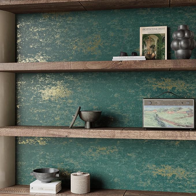 VEELIKE Distressed Teal Gold Metallic Wallpaper Peel and Stick Industrial Green - Image 6