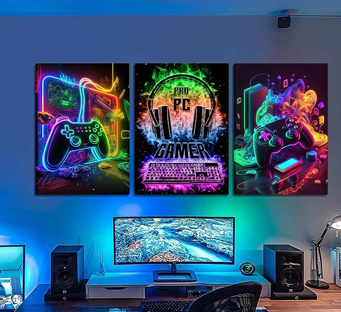 PPV 3Pcs Cool Gaming Wall Art Retro Video Gamer watercolor Posters Pictures - Image 3
