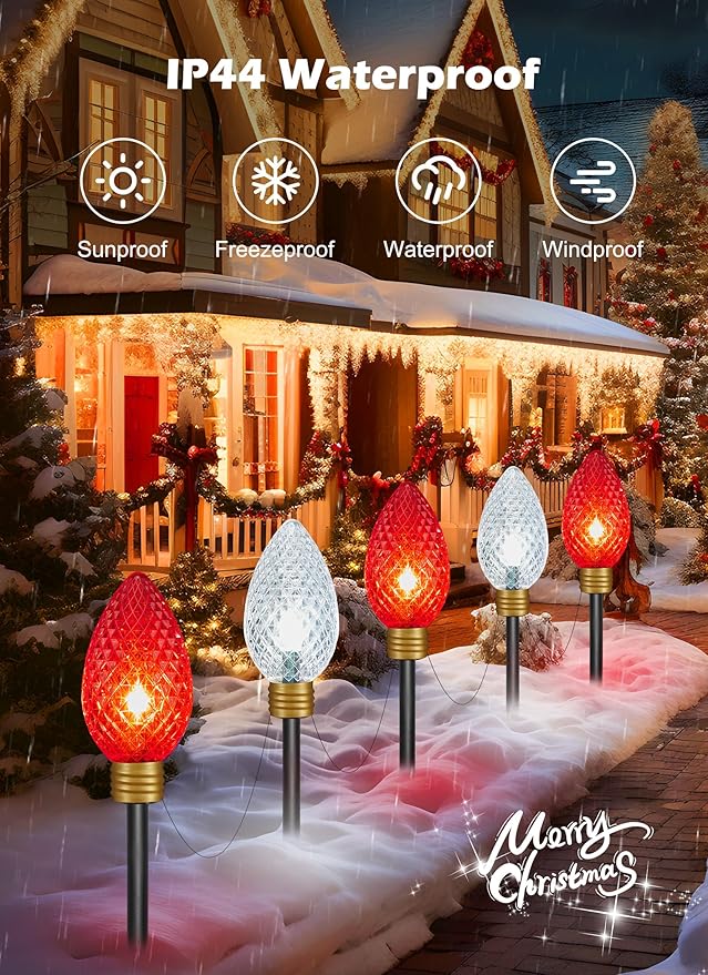2 Pack 11Feet 5 LED Super Jumbo Christmas String Lights or Pathway Marker Lights, Outdoor Xmas Decorations- Jumbo C9 Hanging Lights Waterproof Lawn Dec for Holiday Home Tree Roof Yard, Red ＆ White
