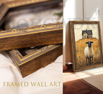 Vintage Gold Framed Wall Art Retro Country Sheep Oil Painting Canvas Prints - Image 6