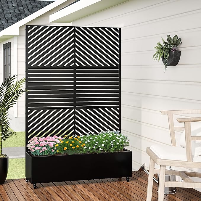 Casaphoria Metal Raised Garden Bed with Trellis and Wheels, 72"x47"x16" Planter Box for Climbing Plants, Vegetables & Vines, Features Drainage Holes and Privacy Screen, Black(Parallel&Louvered)