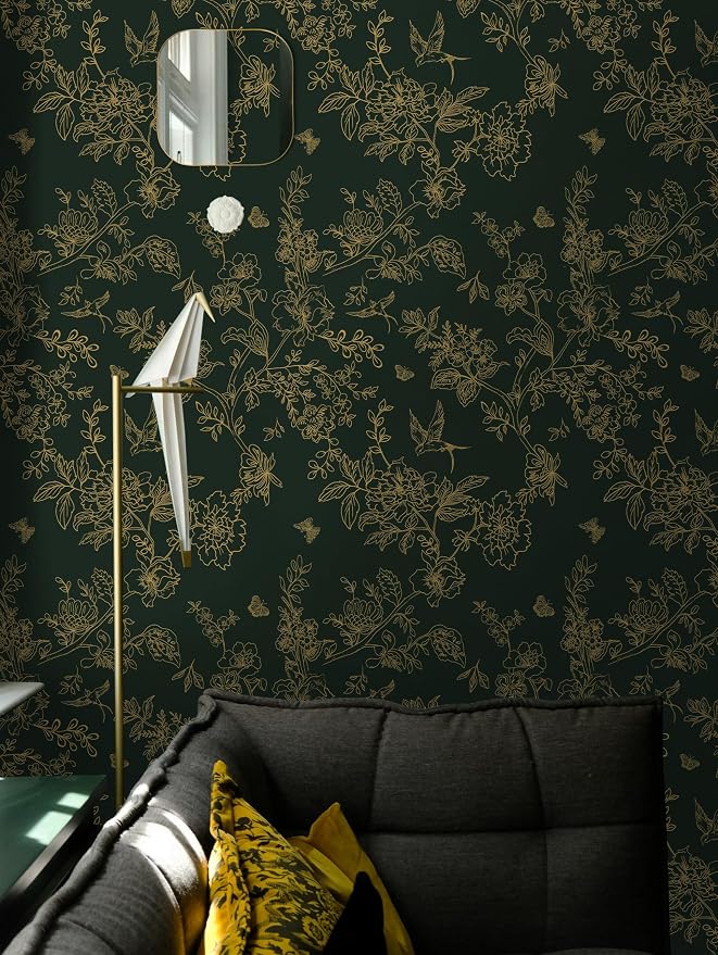 Froluya Dark Green and Gold Wallpaper Floral Peel and Stick Wallpaper - Image 4